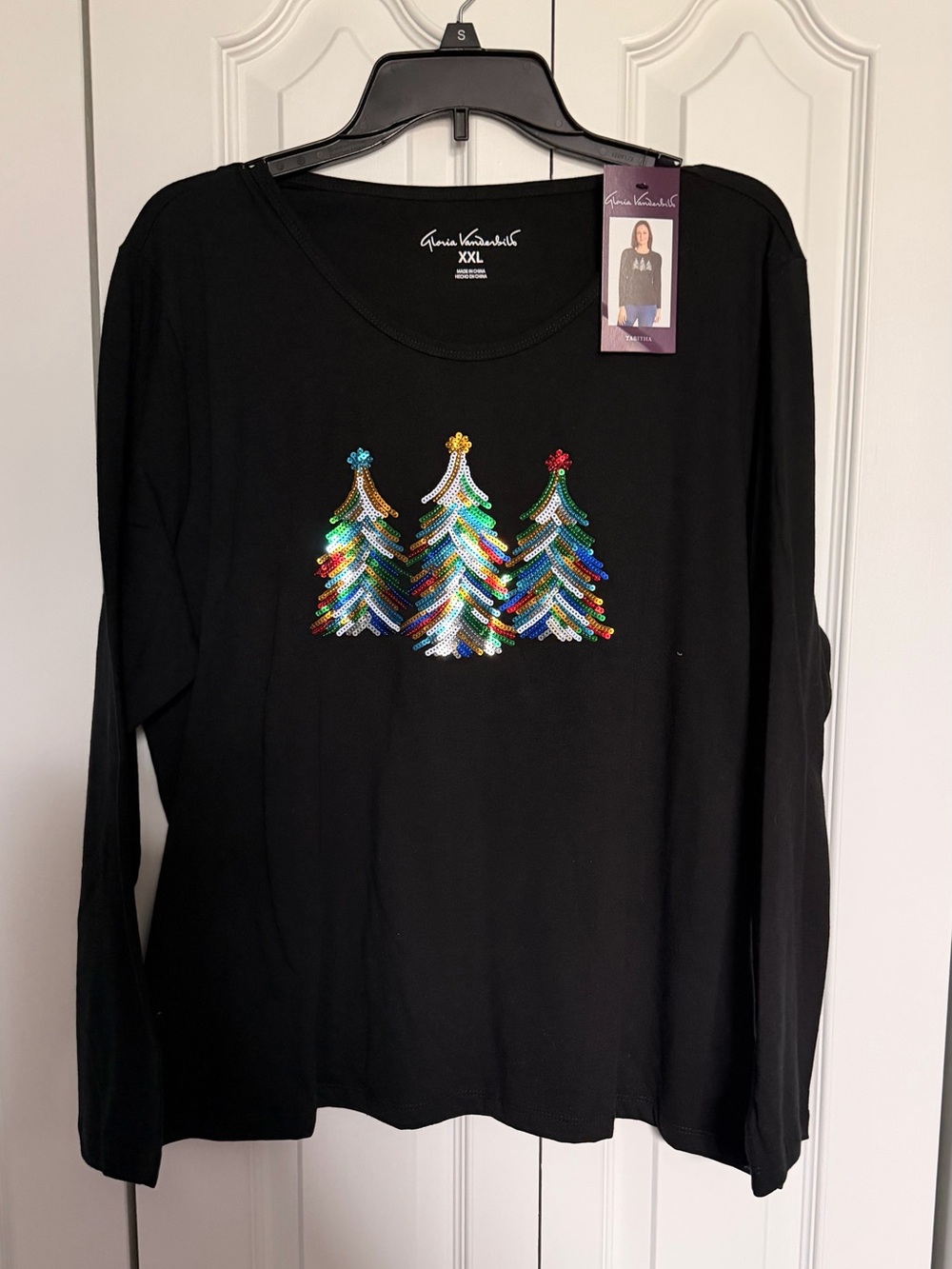 Tabitha Black Long-Sleeve Top with Multicolor Sequin Trees